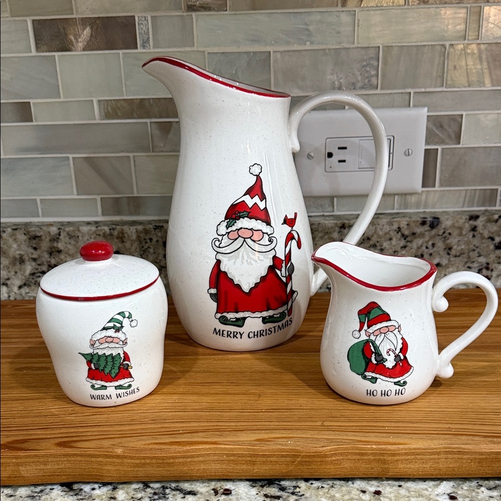 Santa Claus Holiday Ceramic Pitcher, Creamer and Sugar Bowl